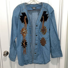 Load image into Gallery viewer, Size 1X Marshall Rousso Plus Vintage Western Tribal Aztec Fringe Chambray Button Up Shirt
