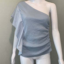 Load image into Gallery viewer, Size Medium Anthropologie NWT Light Blue One Shoulder Ribbed Ruffle Top
