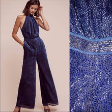 Load image into Gallery viewer, Size 6 Anthropologie Elevenses Navy Blue Velvet Halter Neck Jumpsuit
