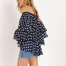 Load image into Gallery viewer, Medium Show Me Your Mumu Navy Blue Ruffle Off Shoulder Chi Chi Top Dippin Dots
