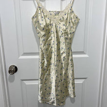 Load image into Gallery viewer, Medium Adonna Vintage Pastel Yellow &amp; Blue Floral Print Satin Night Gown Dress
