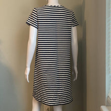 Load image into Gallery viewer, Size Large Kate Spade Navy &amp; White Stripped T-Shirt Dress with Flower On Front
