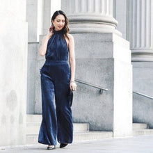 Load image into Gallery viewer, Size 6 Anthropologie Elevenses Navy Blue Velvet Halter Neck Jumpsuit
