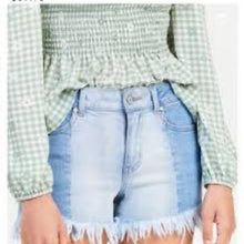 Load image into Gallery viewer, Size 27 Altar’d State Two Toned Blue Denim Cut Off Shorts
