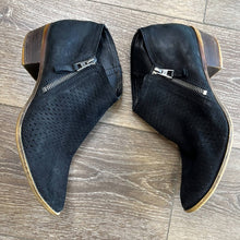 Load image into Gallery viewer, Sz 10.5 Lucky Brand Black Perforated Side Zip Heeled Ankle Booties
