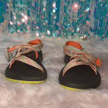 Load image into Gallery viewer, Size 6 Chaco Neon Orange &amp; Yellow Geometric Print Double Strap Sandals
