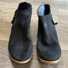 Load image into Gallery viewer, Sz 10.5 Lucky Brand Black Perforated Side Zip Heeled Ankle Booties
