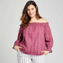 Load image into Gallery viewer, 2XL Lane Bryant Maroon Pink Eyelet Off Shoulder Blouse
