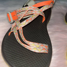 Load image into Gallery viewer, Size 6 Chaco Neon Orange &amp; Yellow Geometric Print Double Strap Sandals
