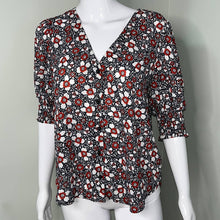 Load image into Gallery viewer, Small Rebecca Minkoff Black Red Floral Print V-Neck Button Up Shirt
