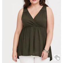 Load image into Gallery viewer, Size 3X Torrid OLIVE FAUX WRAP BABYDOLL TANK Top
