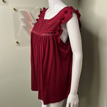 Load image into Gallery viewer, Size XL Crown &amp; Ivy Dark Wine Red Pom Pom Ruffle Short Sleeve Top
