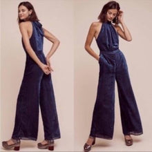 Load image into Gallery viewer, Size 6 Anthropologie Elevenses Navy Blue Velvet Halter Neck Jumpsuit
