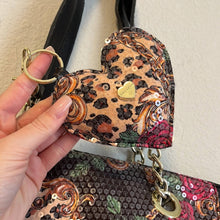 Load image into Gallery viewer, Betsey Johnson Black Leopard Floral Print Sequin Purse With Heart Key Chain
