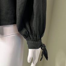 Load image into Gallery viewer, Small Urban Outfitters Black Linen Puff Sleeve V-Neck Button Shirt
