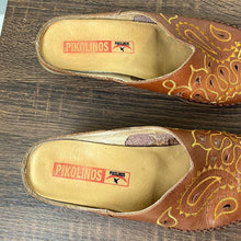 Load image into Gallery viewer, Size 4.5-5 Pikolino Orange Yellow Embroidered Leather Western Mules
