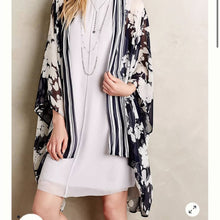 Load image into Gallery viewer, One Size Anthropologie Elevenses Silk Palolem Chiffon Navy White Floral Kimono
