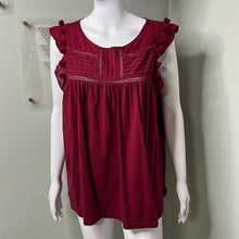 Load image into Gallery viewer, Size XL Crown &amp; Ivy Dark Wine Red Pom Pom Ruffle Short Sleeve Top
