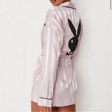 Load image into Gallery viewer, Size 12 Playboy x Missguided Pink Satin Stripe Bunny Robe
