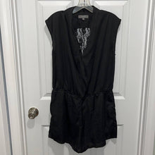 Load image into Gallery viewer, Large Umgee Black Satin Sleeveless Romper With Lace Back
