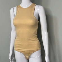Load image into Gallery viewer, Size 4 Missguided Nude Ribbed High Neck Sleeveless Thong Body Suit

