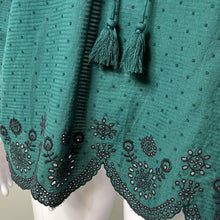 Load image into Gallery viewer, Small Zara NWT Emerald Green Eyelet Peasant Style Long Sleeve Top With Black Lace
