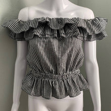Load image into Gallery viewer, Medium Kendall &amp; Kylie Black &amp; White Gingham Print Off Shoulder Ruffle Top
