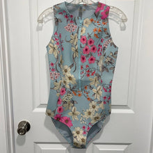 Load image into Gallery viewer, Small Johnny Was Belladonna Neoprene One pIece Front Zip Blue Floral Swim Suit
