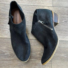 Load image into Gallery viewer, Sz 10.5 Lucky Brand Black Perforated Side Zip Heeled Ankle Booties
