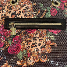 Load image into Gallery viewer, Betsey Johnson Black Leopard Floral Print Sequin Purse With Heart Key Chain

