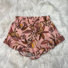 Load image into Gallery viewer, Sz Small Old Fable Pink Orange Coral Tropical Leaves Ruffle High Waisted Tie Shorts
