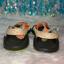 Load image into Gallery viewer, Size 6 Chaco Neon Orange &amp; Yellow Geometric Print Double Strap Sandals

