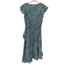 Load image into Gallery viewer, Large She + Sky Asymmetrical Green &amp; White Polka Dot Ruffle Midi Dress
