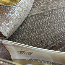 Load image into Gallery viewer, Size 7 Steve Madden Gold Glitter Sparkly Peep Toe Heels

