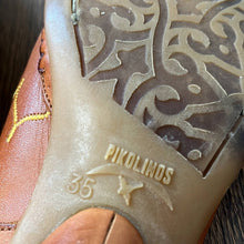 Load image into Gallery viewer, Size 4.5-5 Pikolino Orange Yellow Embroidered Leather Western Mules
