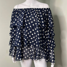 Load image into Gallery viewer, Medium Show Me Your Mumu Navy Blue Ruffle Off Shoulder Chi Chi Top Dippin Dots
