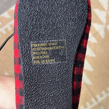 Load image into Gallery viewer, Size 8.5 Torrid NWOT Red Black Buffalo Plaid Black Glitter Black Glitter Fur Slippers
